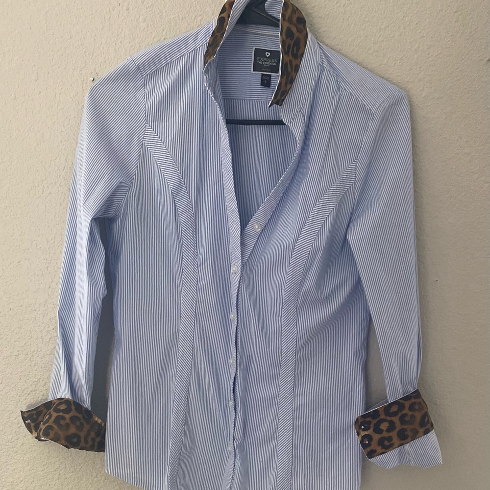 Striped shirt with cheetah print accents by Express. Size small.